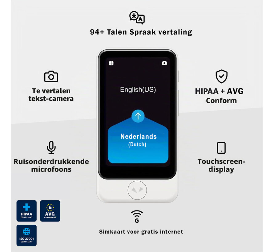 Pocketalk S2 Plus Vertaalcomputer + eSIM 5 Jaar - Realtime Vertaler 92+ Talen
