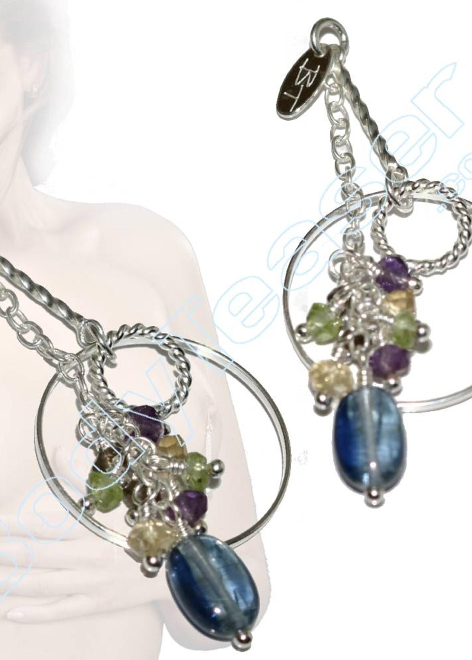 Silver Nipple Dangles with Kyanite, Peridot, Citrien, Amethyst en Smokey Quartz