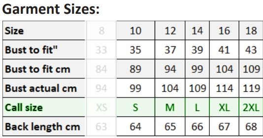 Maattabel dames pilotenoverhemd