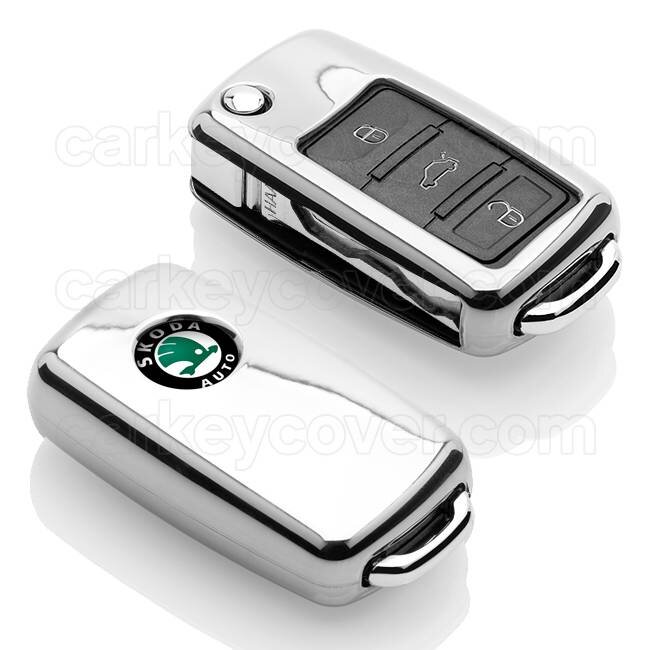 Capa para chave do carro compatível com Skoda - Capa Protetora de Chave Remota de TPU - Tampa Remota FOB - Cromado