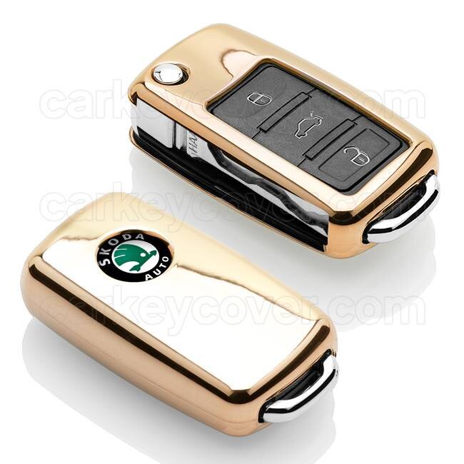 Capa para chave do carro compatível com Skoda - Capa Protetora de Chave Remota de TPU - Tampa Remota FOB - Ouro