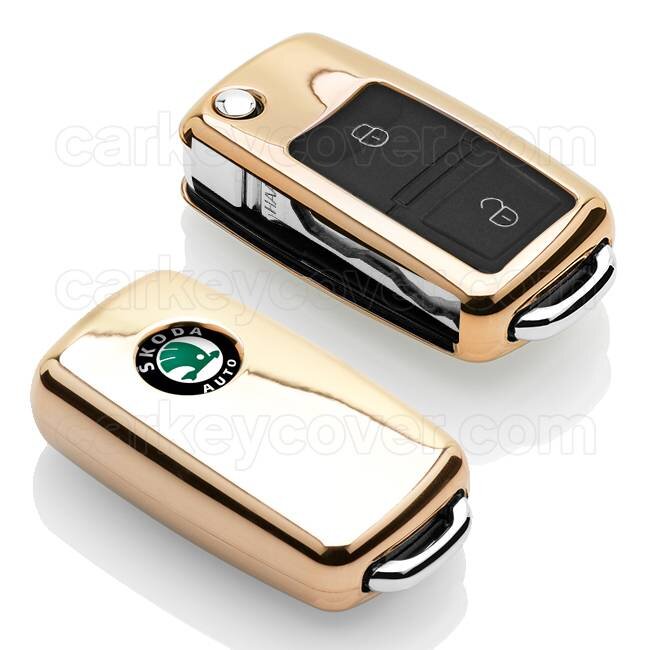 Capa para chave do carro compatível com Skoda - Capa Protetora de Chave Remota de TPU - Tampa Remota FOB - Ouro