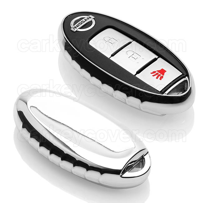 TBU car TBU car Autoschlüssel Hülle kompatibel mit Nissan 3 Tasten (Keyless Entry) - Schutzhülle aus TPU - Auto Schlüsselhülle Cover in Silber Chrom