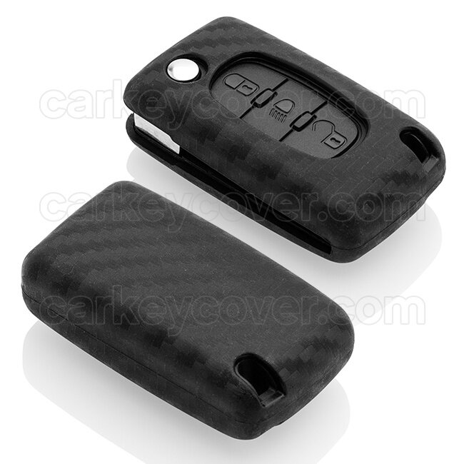 Car key cover compatible with Peugeot - Silicone Protective Remote Key Shell - FOB Case Cover - Carbon