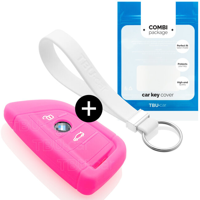 Autoschlüssel Hülle kompatibel mit BMW 3 Tasten (Keyless Entry) - Schutzhülle aus Silikon - Auto Schlüsselhülle Cover in Fluor Rosa