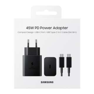 Samsung USB-C Charger + USB-C to USB-C Cable, EP-T4510XBEGEU, 1,8M, 5A, 45W, Black, Blister Packaging, 8806092861473;EP-T4510XBEGEU