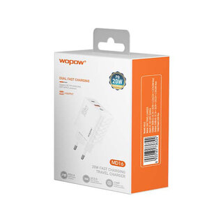 Wopow Duo Oplader Met 2 USB Poorten (USB-C + USB-A), MD16, 20W, Wit, 6933185736317