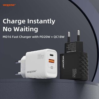 Wopow Duo Oplader Met 2 USB Poorten (USB-C + USB-A), MD16, 20W, Wit, 6933185736317