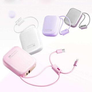 Wopow Power Bank with Built-in USB-C & Lightning Cables + USB-A & USB-C Ports, SQ79, 10.000mah, 35W, Pink, 6933185738298
