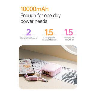 Wopow Powerbank met ingebouwde USB-C & Lightning kabels + USB-A & USB-C poorten, SQ79, 10.000mah, 35W, Roze, 6933185738298