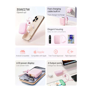 Wopow Power Bank with Built-in USB-C & Lightning Cables + USB-A & USB-C Ports, SQ79, 10.000mah, 35W, Pink, 6933185738298