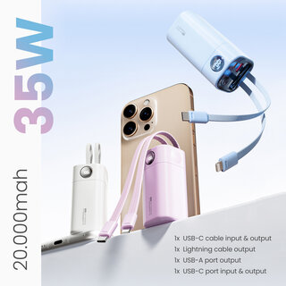 Wopow Powerbank mit integrierten USB-C & Lightning Kabeln + USB-A & USB-C Ports, SQ78, 20.000mah, 35W, Weiß, 6979180930008