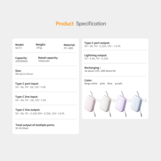 Wopow Powerbank met ingebouwde USB-C & Lightning Kabels, SQ73, 20.000mah, 22.5W, Roze, 6933185740000