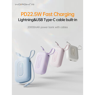 Wopow Powerbank met ingebouwde USB-C & Lightning Kabels, SQ73, 20.000mah, 22.5W, Roze, 6933185740000