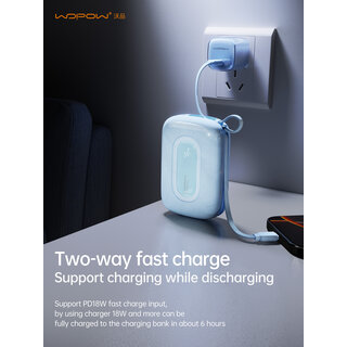 Wopow Power Bank with Built-in USB-C & Lightning Cable, SQ73, 20.000mah, 22.5W, White, 6933185739998