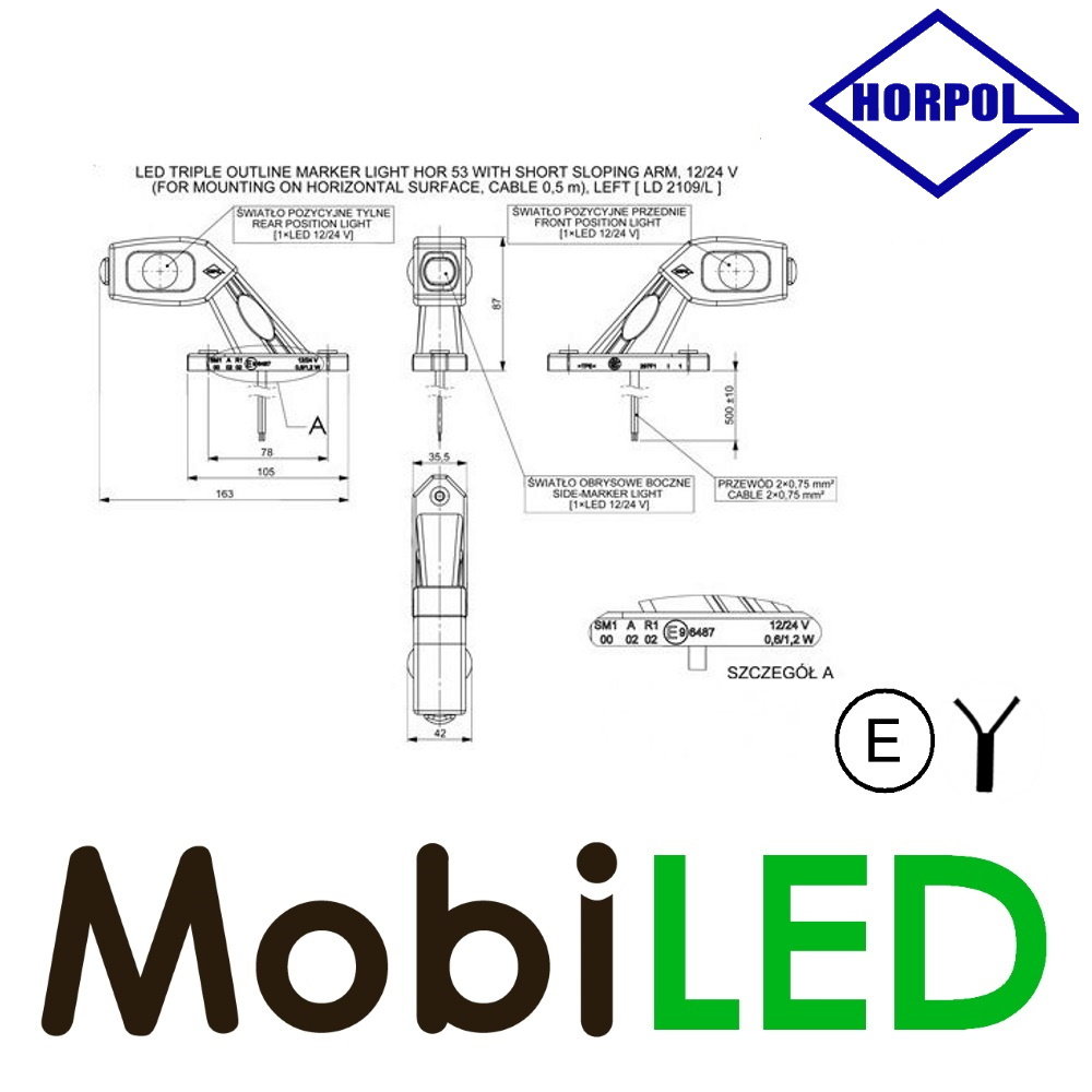 HORPOL Pendellamp  horizontaal schuin model Rechts rood /amber/ wit 12-24 volt E-keur HORPOL Pendellamp  horizontaal schuin model Rechts rood /amber/ wit 12-24 volt E-keur