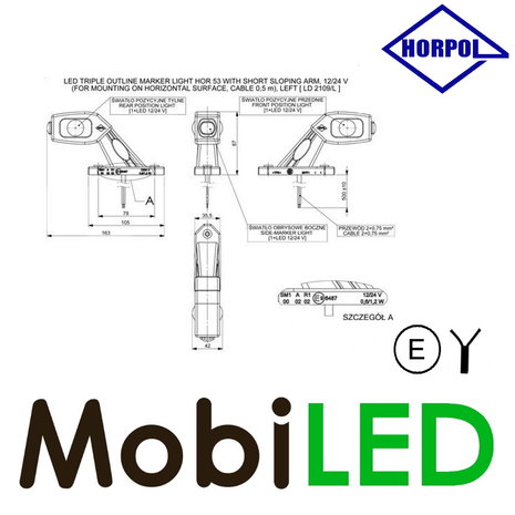 HORPOL Pendellamp  horizontaal schuin model Rechts rood /amber/ wit 12-24 volt E-keur HORPOL Pendellamp  horizontaal schuin model Rechts rood /amber/ wit 12-24 volt E-keur