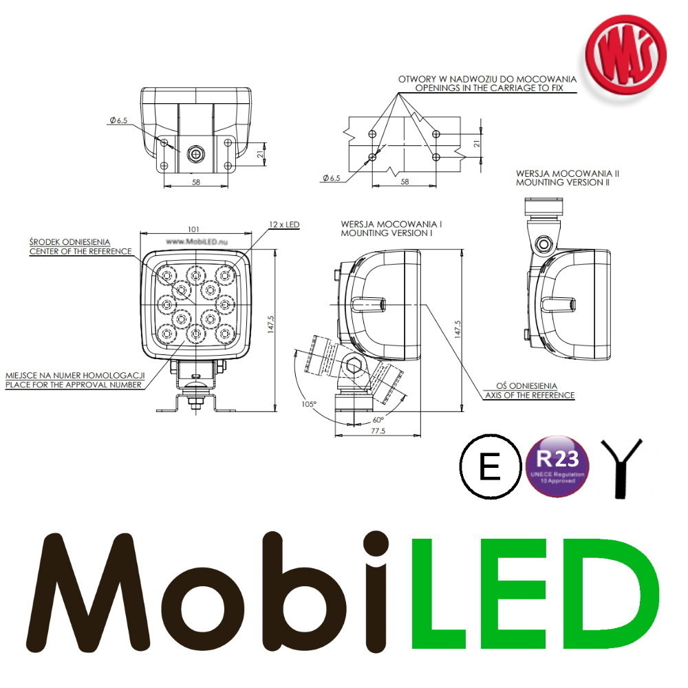 WAS WAS 693 lampe de travail et feu de recul  E-marque 12-24V