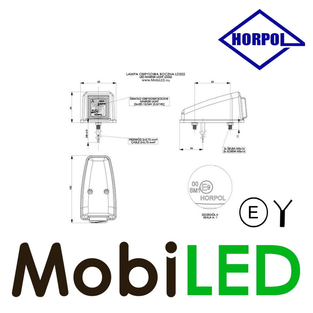 HORPOL Lampe au sommet Ambre carrée 12-24 volts E-mark HORPOL Lampe au sommet Ambre carrée 12-24 volts E-mark