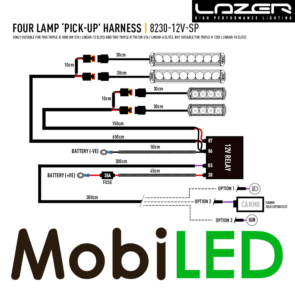 LAZER Kabelset 4 lampen laag vermogen met splitser (12V)