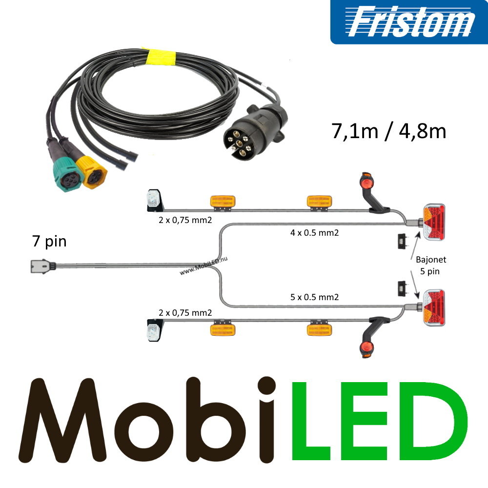Fristom Trailer cable harness 7 pole 7.1m / 4.8m 5-pin heavy duty bayonet