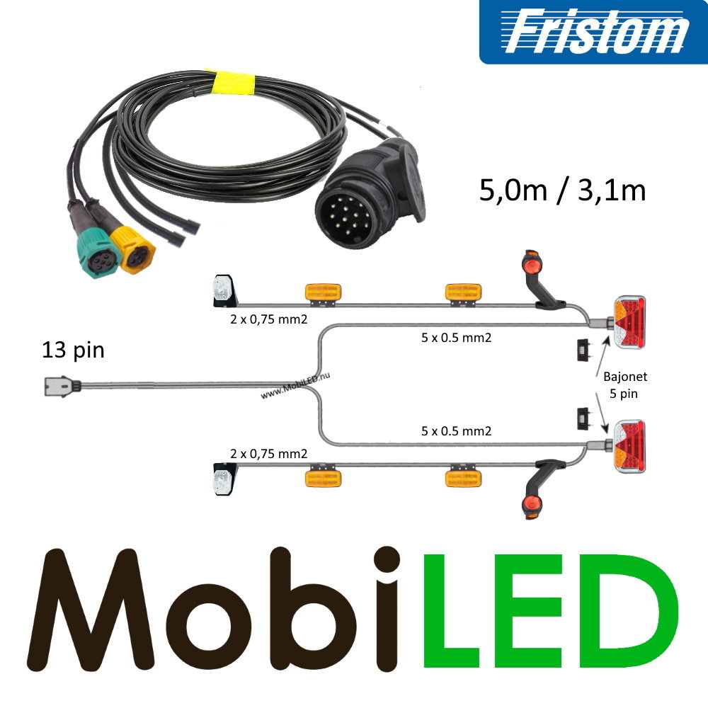 Fristom Trailer cable harness 13 pole 5m / 3.1m 5-pin heavy duty bayonet