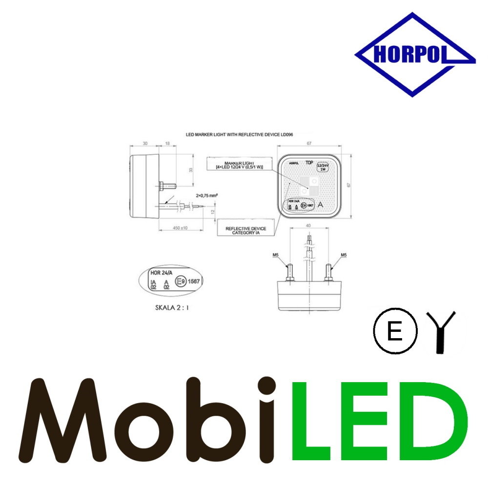 HORPOL Markeringslicht vierkant Amber 12-24 volt E-keur met reflector HORPOL Markeringslicht vierkant Amber 12-24 volt E-keur met reflector