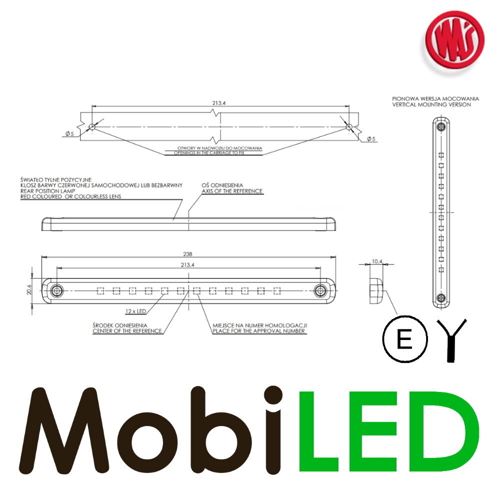 WAS Rear position light long red 12-24 volts E-mark WAS Rear position light long red 12-24 volts E-mark