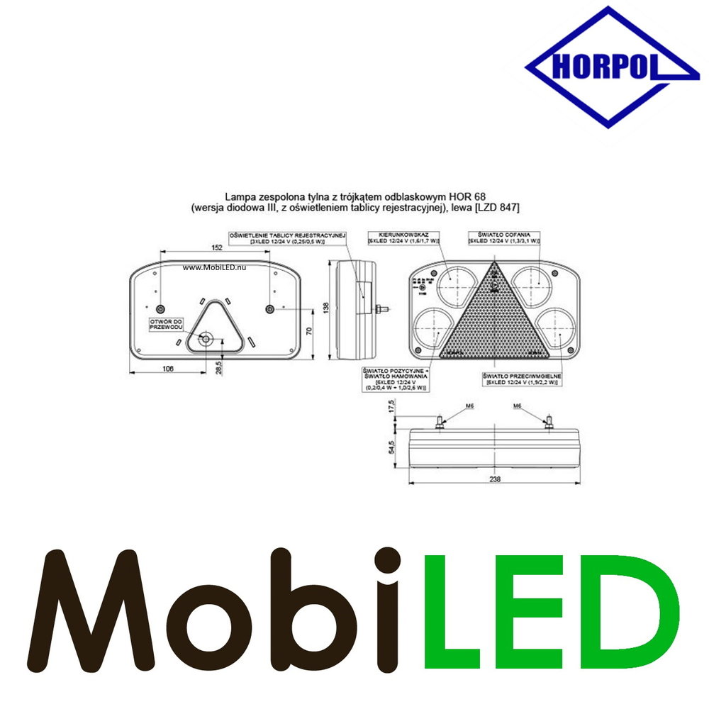 HORPOL Achterlicht rechts 4 functies + kentekenverlichting 5-Pins connector - E-keur HORPOL Achterlicht rechts 4 functies + kentekenverlichting 5-Pins connector - E-keur