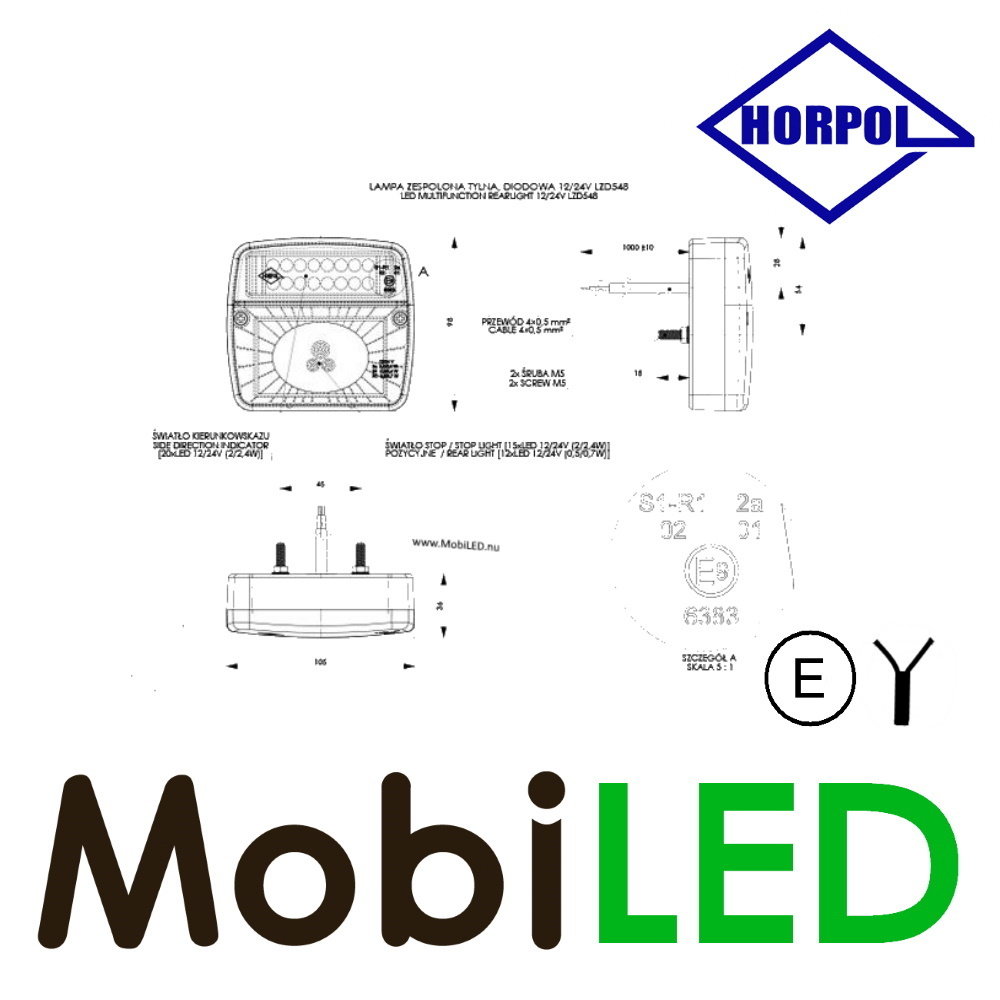 HORPOL Horpol square rear light 3 functions universal cable HORPOL Horpol square rear light 3 functions universal cable