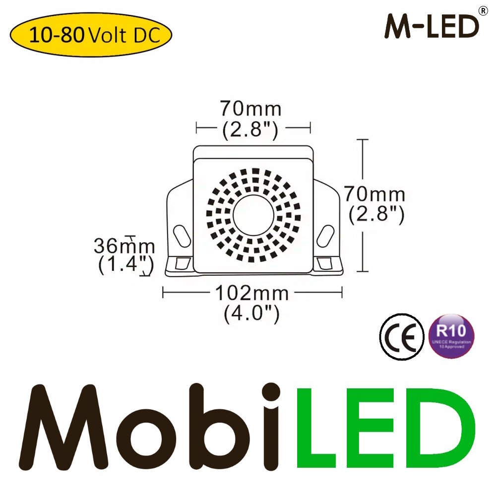 M-LED M-LED Achteruitrij-alarm 10-80 VDC 92-107dB met piep of ruis M-LED M-LED Achteruitrij-alarm 10-80 VDC 92-107dB met piep of ruis