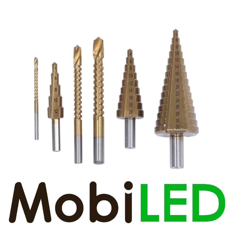 Set rechte en getrapte boren, 6 stuks in handig doosje Set rechte en getrapte boren, 6 stuks in handig doosje