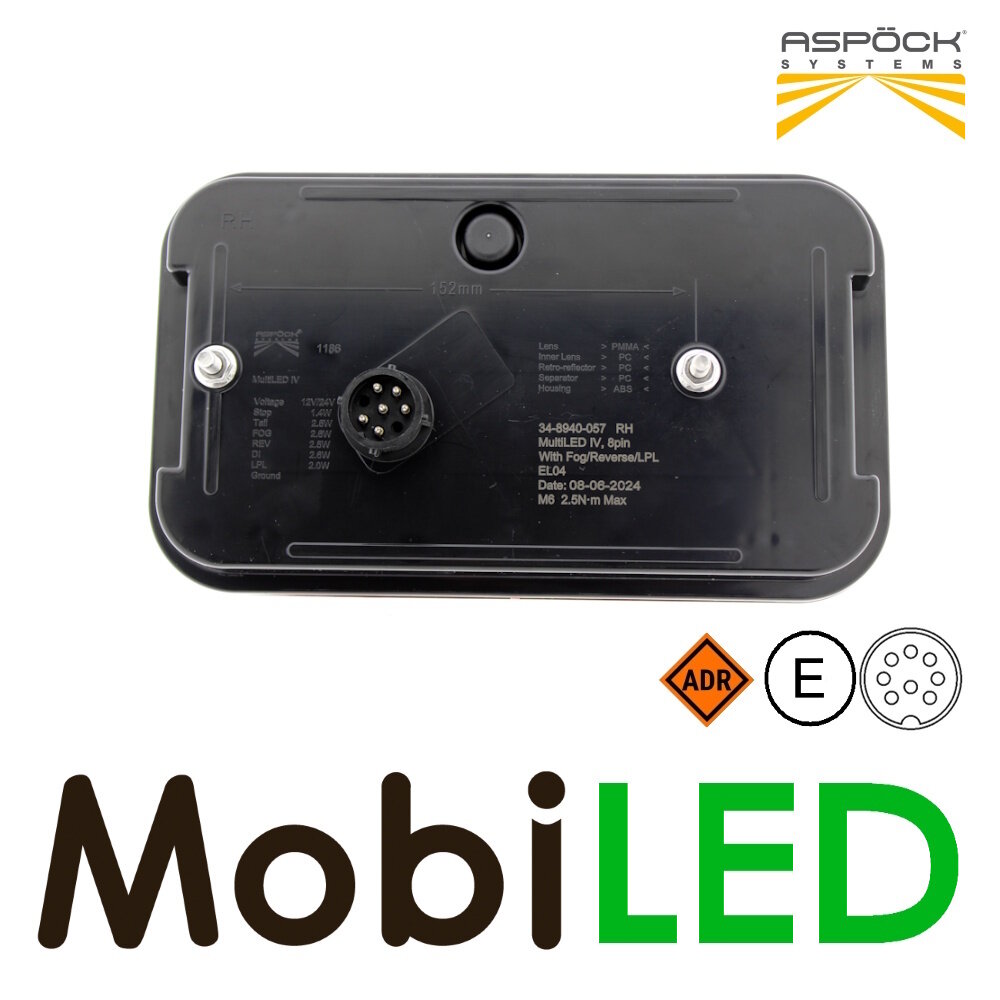 Aspöck Aspock MultiLed IV Feu arrière 5 fonctions réflecteur droite  12-24V E-marque, connexion à baïonnette à 8 broches