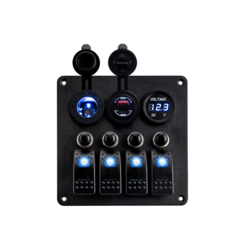 4 Schalter Alu-Panel mit 12V/Doppel-USB-C und Voltmeter