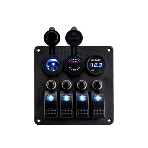 4 Schalter Alu-Panel mit Strom/Doppel-USB-C und Voltmeter