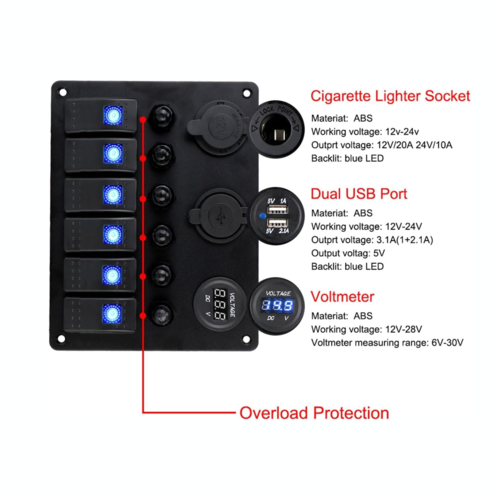 6-way switch panel incl. power/double USB/voltmeter