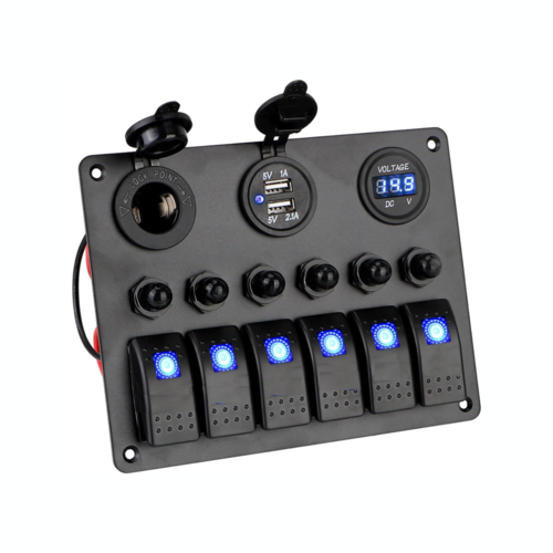 6-way switch panel incl. power/double USB/voltmeter