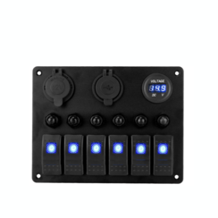 Aluminium 6 voudig Schakelpaneel Incl. 12V/dubbel USB/Voltmeter