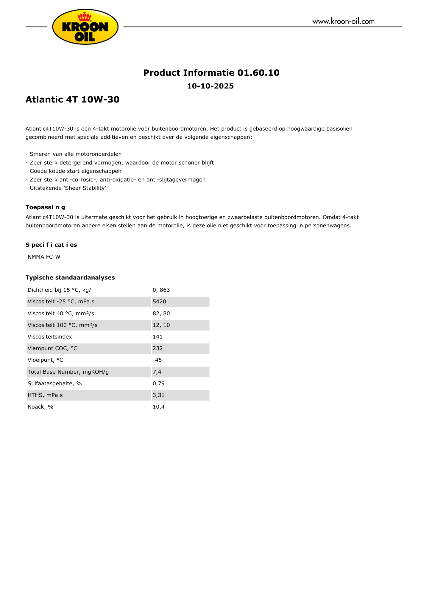 1 L flacon Kroon Oil Atlantic 4T 10W-30