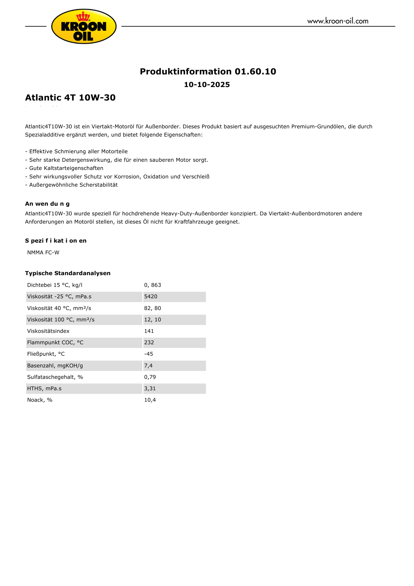 1 L flacon Kroon Oil Atlantic 4T 10W-30