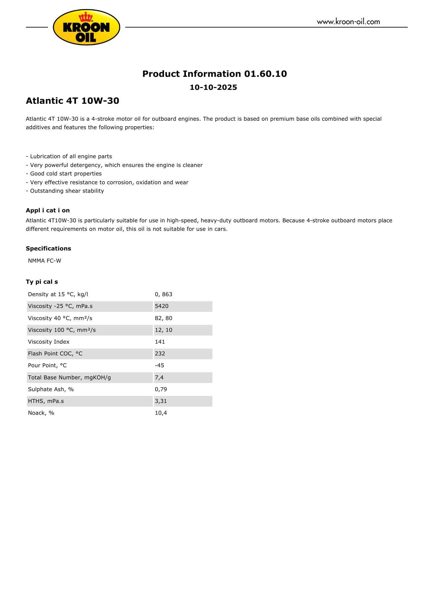 1 L flacon Kroon Oil Atlantic 4T 10W-30