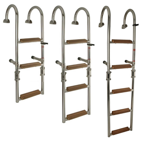 Folding stainless steel swimming ladder with 3, 4 or 5 teak steps