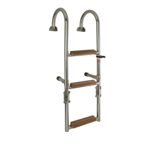 Folding stainless steel swimming ladder with 3, 4 or 5 teak steps