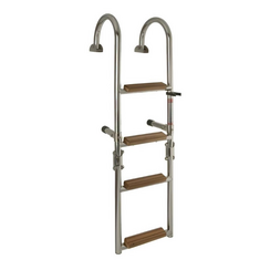 Folding stainless steel swimming ladder with 4 teak steps