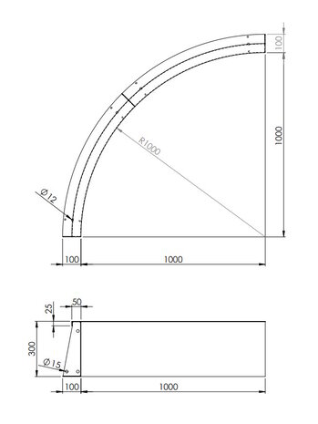 Keerwand cortenstaal 100 x 30 cm binnenbocht