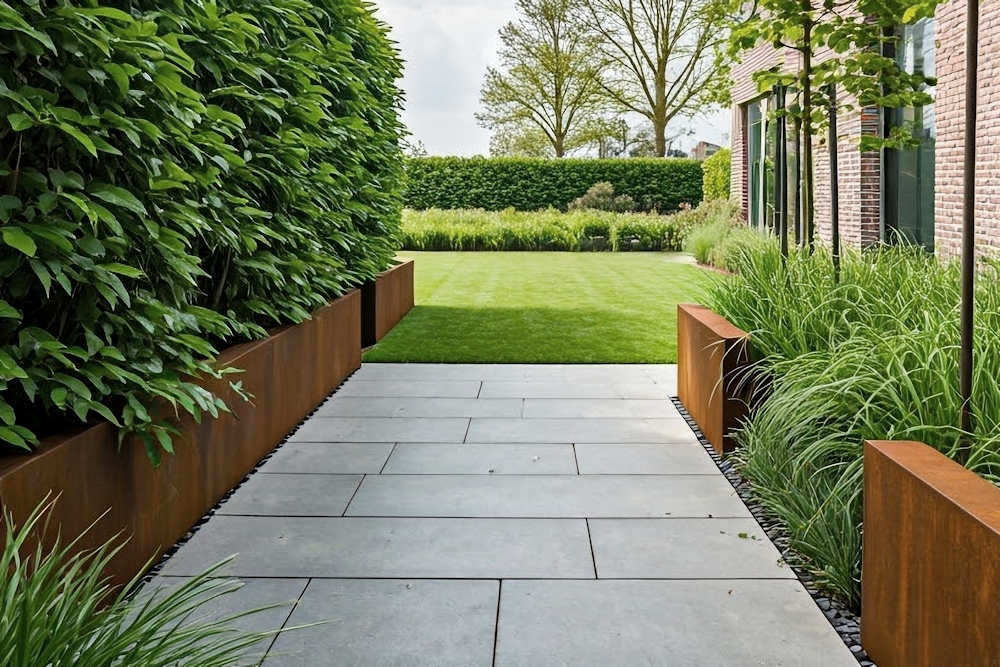 Industriële look; cortenstaal en beton in de tuin