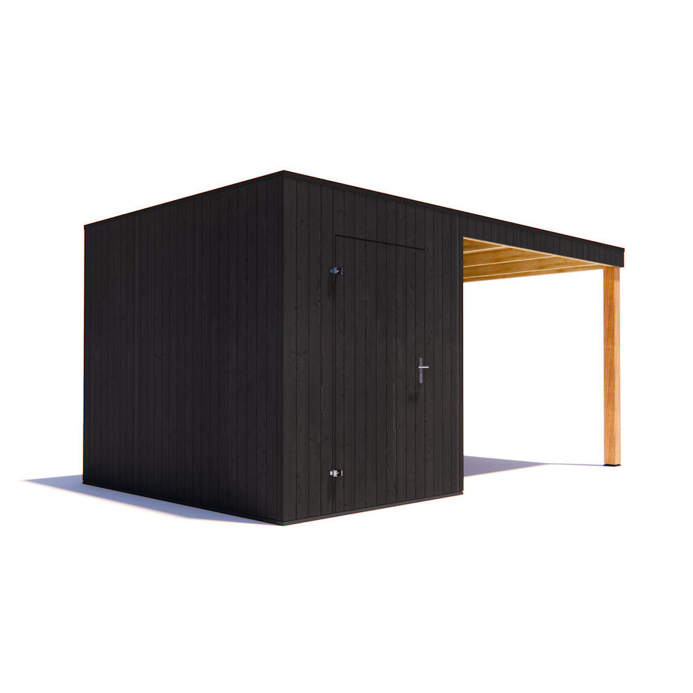 tuinhuis Kubix Vuren ZWART 200 x 300 + 300 cm overkapping tuinhuis Kubix Vuren ZWART 200 x 300 + 300 cm overkapping