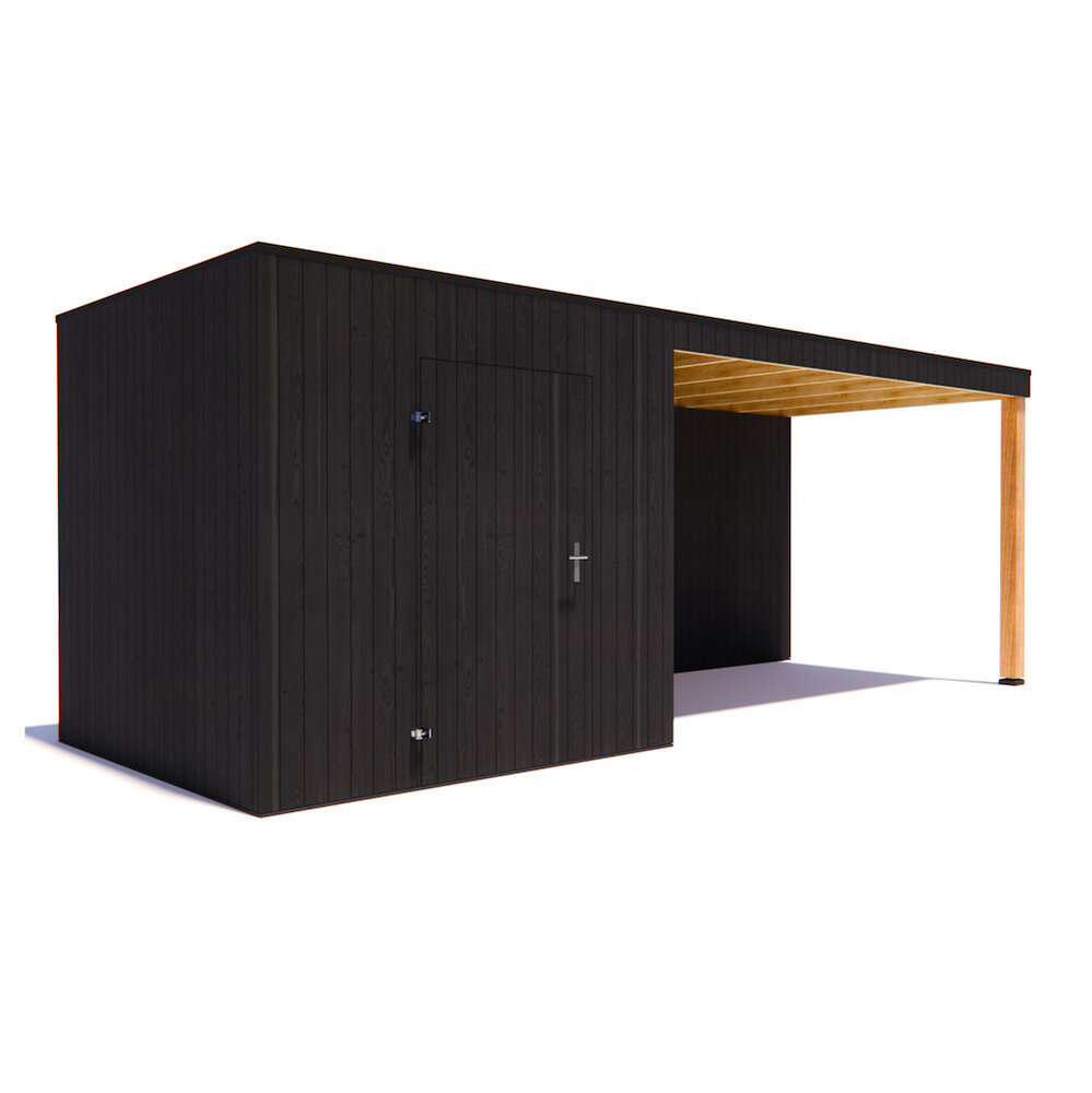 tuinhuis Kubix Vuren ZWART 250 x 250 + 400 cm overkapping tuinhuis Kubix Vuren ZWART 250 x 250 + 400 cm overkapping