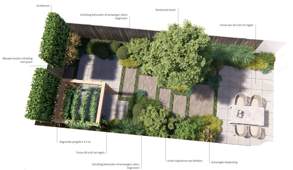 voorbeeld van een 3d tuinontwerp voor een standaard achtertuin