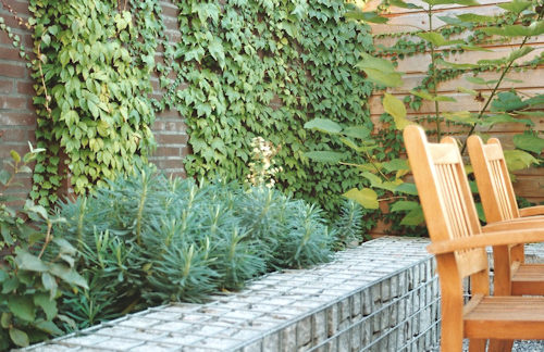 Kleine binnentuin met schanskorf en graniet